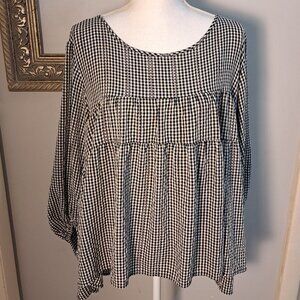 Max Studio Gingham Black White Tiered Baby Doll Flowy Popover Blouse Sz XL